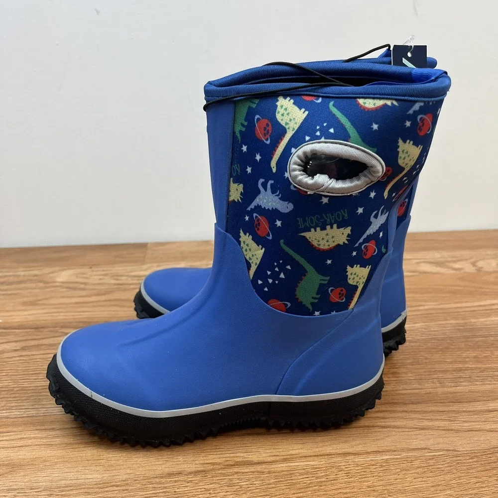 K Komforme Big Boys Size 2 Blue Neoprene Rain Boots Waterproof‎ Dinosaurs NEW